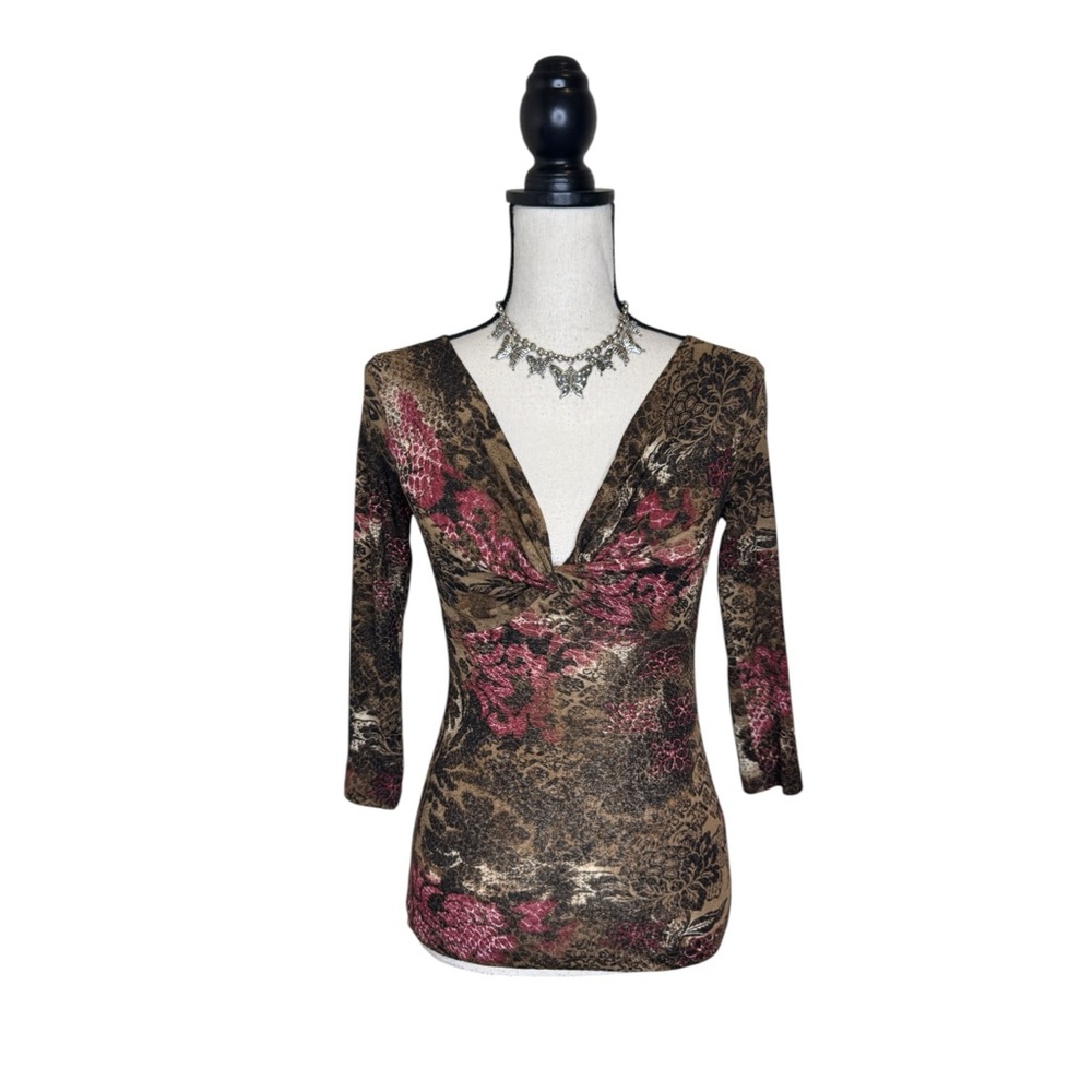 Y2K Karen Kane Animal Print + Floral 3/4th Sleeve Mesh V Neck Top Size Medium